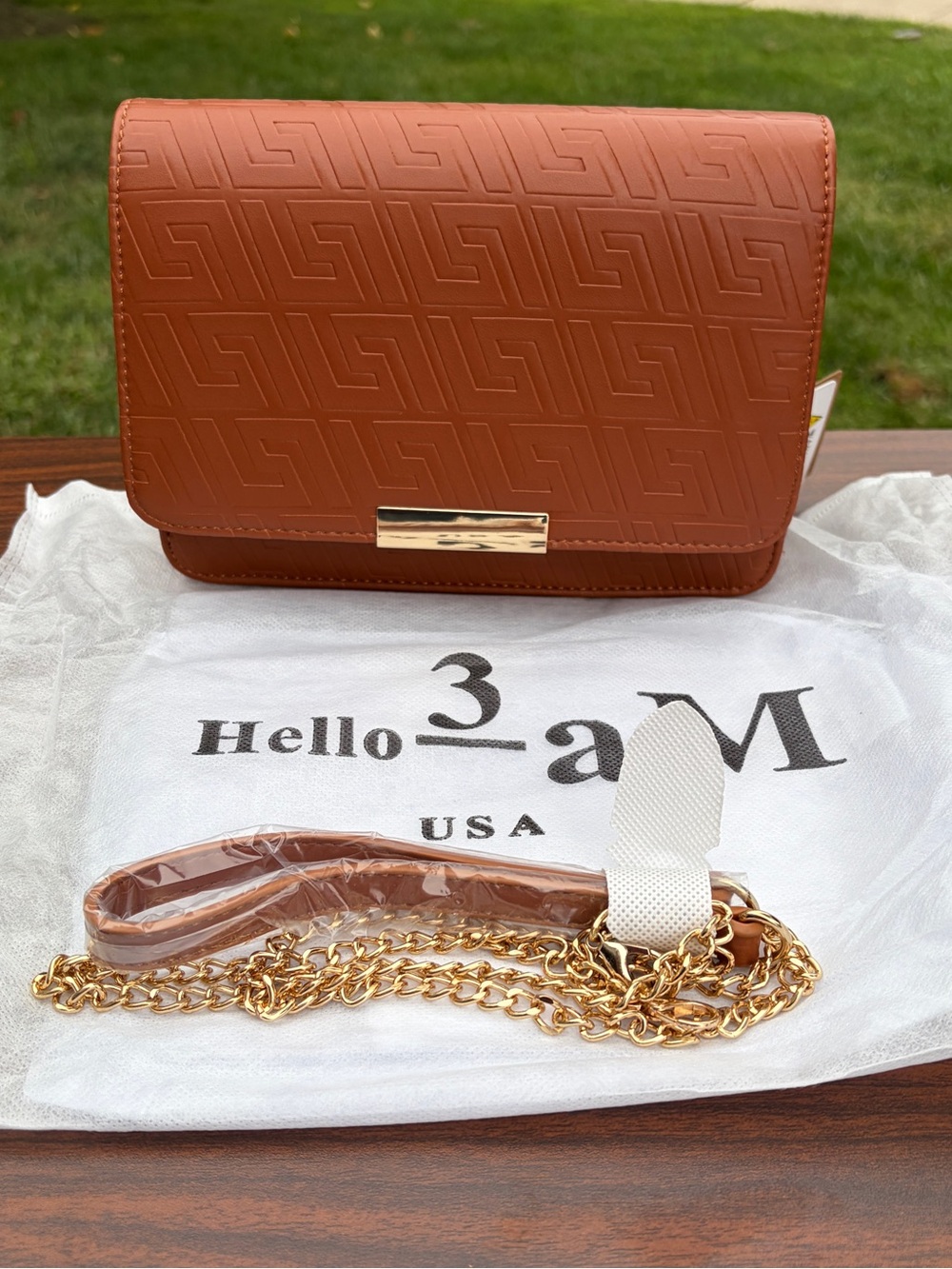 Hello 3AM Cognac Embossed Clutch Crossbody Gold Chain Strap NWT
